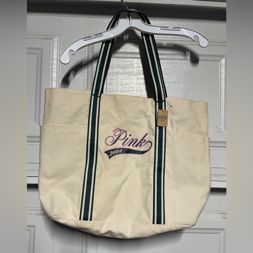 PINK Victoria's Secret Canvas Tote Bag with Green Straps